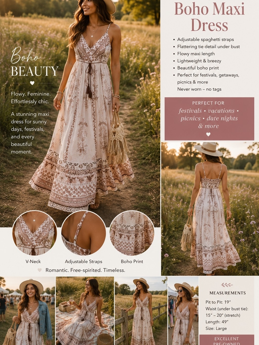 SHEIN Cream and Brown Boho Floral Spaghetti Strap Maxi Dress